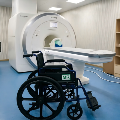 Cadeira de rodas de transporte não magnética segura por ressonância magnética com 3 Tesla Safe Frame dobrável e alumínio leve